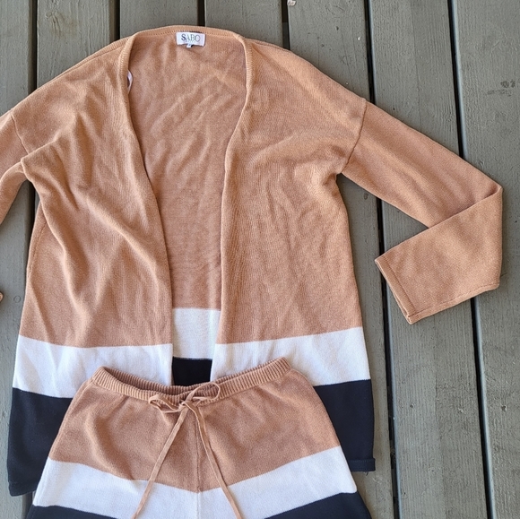 SABO Knit Lounge Set Mini Shorts Sweater Cardigan Striped Brown Black White XS - Picture 4 of 8